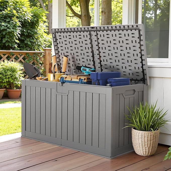 Devoko HDPE 240 Gallon Deck Box Double-Wall with Divider | Large Outdoor Storage Box Side Handles, Waterproof and Lockable for Patio Furniture, Garden, Pool