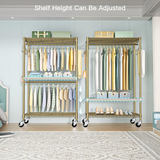 FUTASSI P1 Rolling Clothes Rack, Metal Garment Closet Organizer with Wheels | Portable Clothing Wardrobe with Double Hanger Rods and Hooks, 35.4"W x 15.7"D x 80.5"H, Load 450lbs, Gold