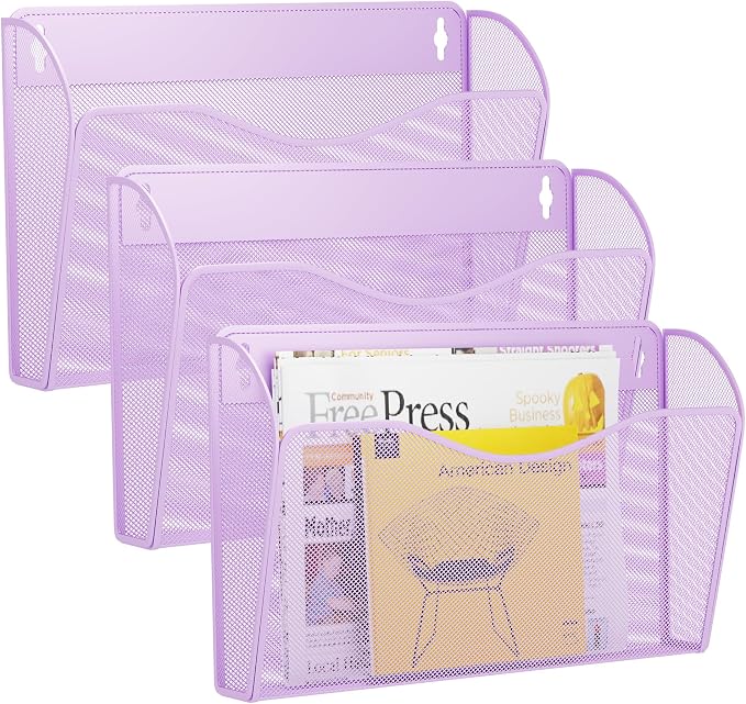 3 Single Pocket Wall File Holder, Mesh Hanging File Folder Paper Organizer, Vertical Wall Mounted Mail Basket, Storage Organization Magazine Rack for Office, Home and School, Light Purple