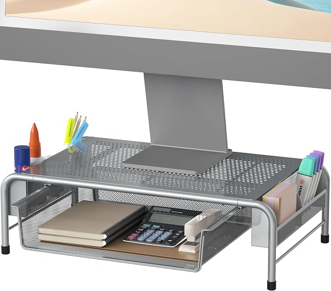 Simple Houseware Metal Desk Monitor Stand Riser w/ Organizer Drawer, Silver | Side Storage for Office Supplies