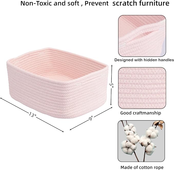 XUANGUO Small Woven Storage Baskets for Shelves, 13" x 9" x 5", Pink | Decorative rope storage bins for closets and toy storage; cute organizer baskets, empty gift baskets and nursery storage.