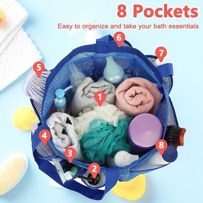 Fammart Mesh Shower Caddy Portable for College Dorm Room Essentials, Odorless Polyester Large Shower Tote Bag with Dual Handles, 8-Pocket Quick-Dry Toiletry Organizer for Travel, Beach, Camping, Gym