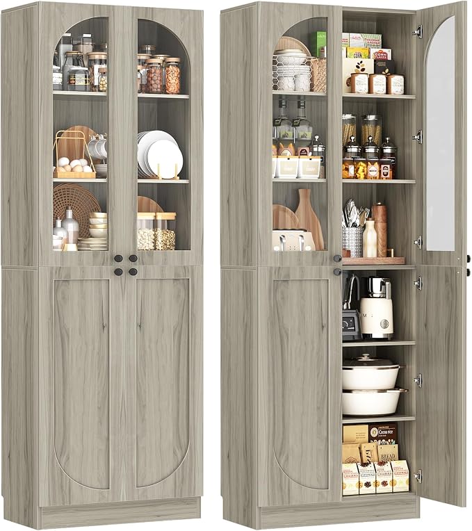 Cyclysio 80" Kitchen Pantry, Tall Arch Storage Cabinet with Tempered Glass & Soft Close Doors, Freestanding Wood Floor Cupboard Bookcase with Seamless Fit Wall for Dining Room, Living Room, Bathroom