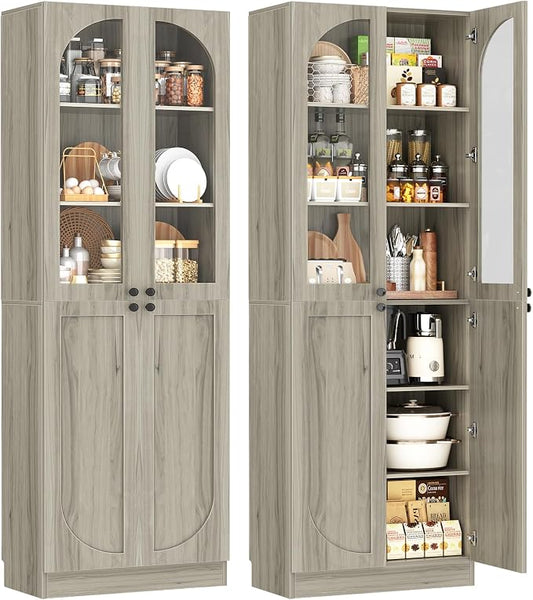 Cyclysio 80" Kitchen Pantry, Tall Arch Storage Cabinet with Tempered Glass & Soft Close Doors, Freestanding Wood Floor Cupboard Bookcase with Seamless Fit Wall for Dining Room, Living Room, Bathroom