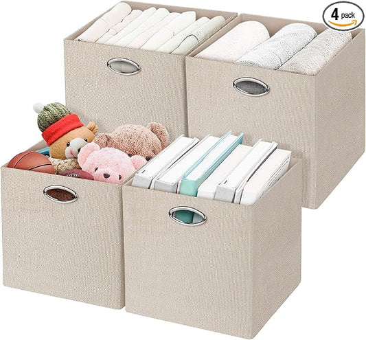Posprica Storage Cubes, 12×12 Storage Bins, Fabric Drawers Organizer Basket, 4pcs, Beige