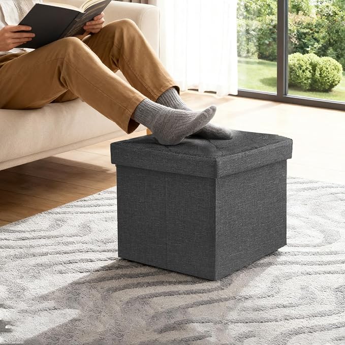 15'' W Storage Ottoman Bench, Folding Storage Bench Ottoman, for Bedroom, Living Room, and Utility Room, Grey