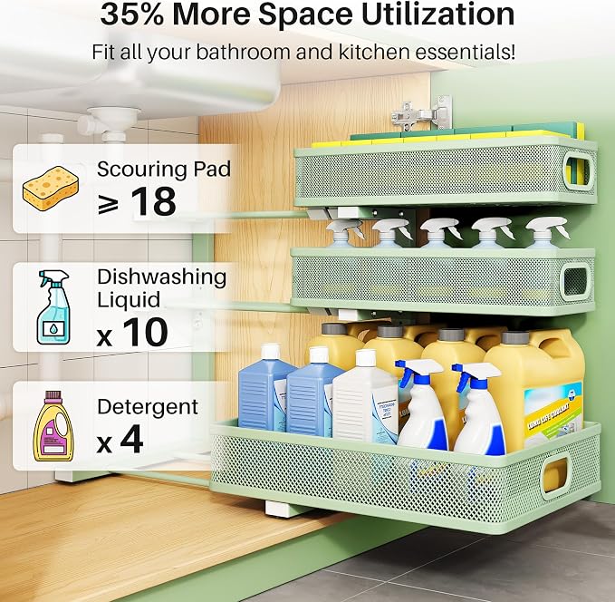 Kitstorack Under Sink Organizer, 2-Pack 3-Tier Height Adjustable Thickened Metal Pull out Cabinet Organizer Shelf, Slide out Storage Drawer Rack for Bathroom Kitchen Pantry Home Organization, Green