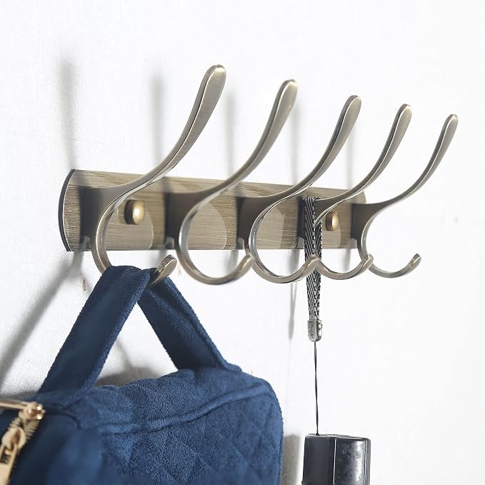 SKOLOO Modern Metal Wall Coat Rack with 5 Hooks, Sturdy Wall Hook Rack for Hanging Jacket, Clothes, Hat, Bronze