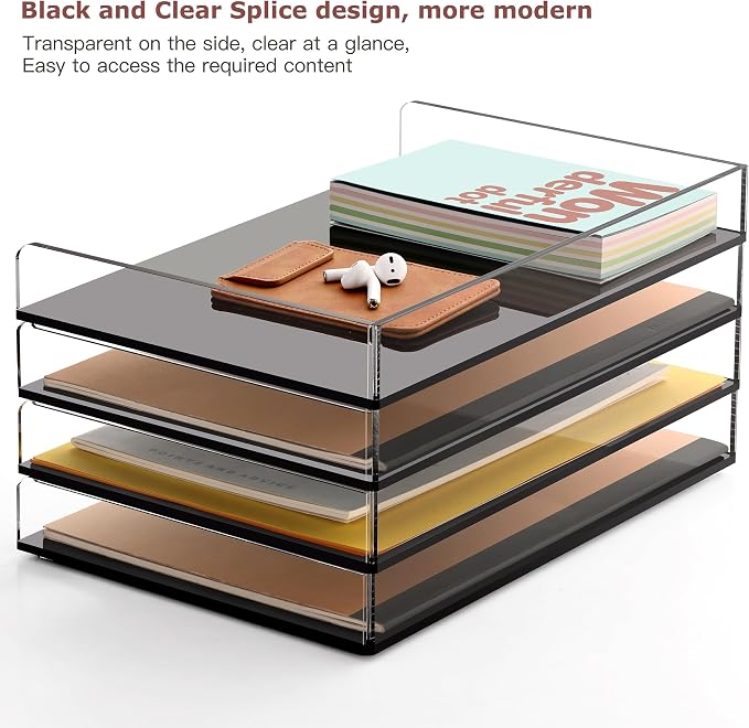 2 Pack Black Stackable Paper Letter Tray, A4 File Tray Desk Organizer, Acrylic Desk Organizers and Accessories Sorter, Clear Workspace Office Supplies Organizers, 12.4inx8.86inx3.46in