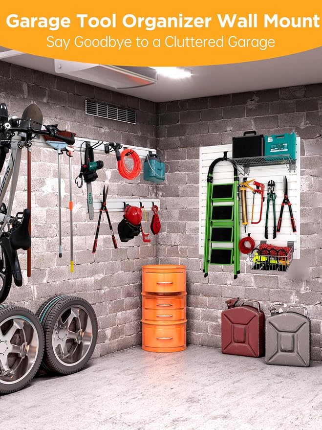 FRAYSCENT Slatwall Panels Garage Tool Organizer Wall Mount Garage Slat Wall Storage Systems, Bike Storage Rack Garage Organizers and Storage PVC Wall Panels Slat Wall Paneling