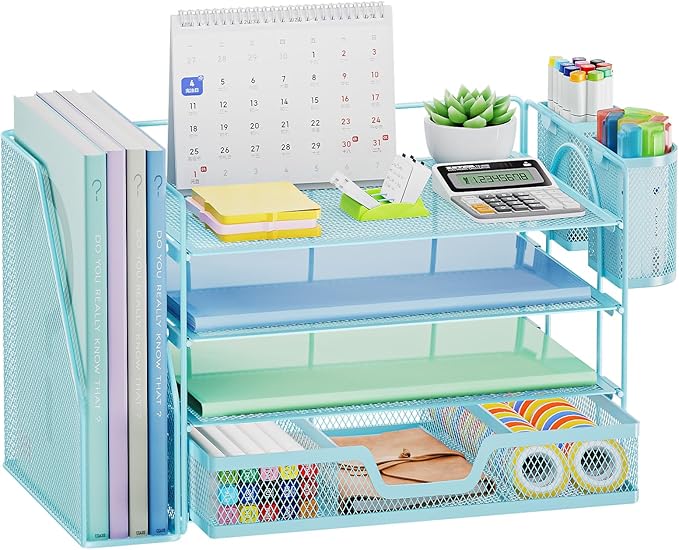 Marbrasse 4-Tier Paper Tray Organizer with Drawer and Pen Holder, Blue | Metal Mesh Desk Organizer, Built-in Drawer & 2 Pen Slots, fits letters/Files, for School Home Office Supplies