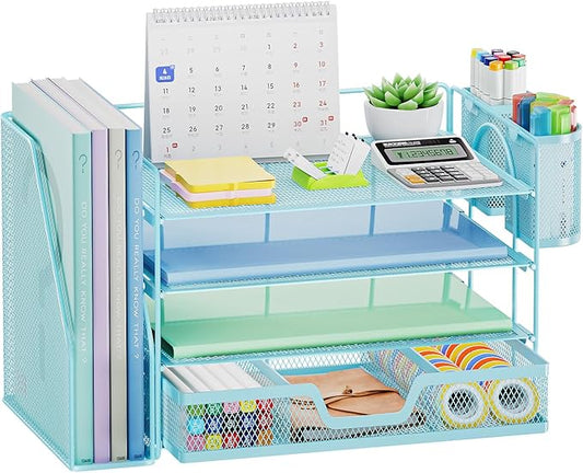 Marbrasse 4-Tier Paper Tray Organizer with Drawer and Pen Holder, Blue | Metal Mesh Desk Organizer, Built-in Drawer & 2 Pen Slots, fits letters/Files, for School Home Office Supplies