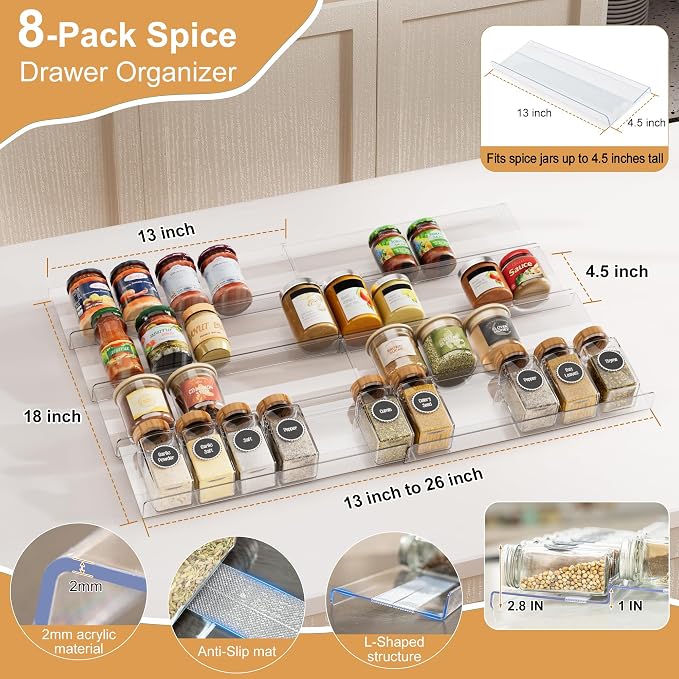 8-Pack Spice Drawer Organizer, Expandable Acrylic Seasoning Rack (13" to 26") with Anti-Slip Mat, Kitchen Spice Rack Holds up to 56 Jars (Jars Not Included)