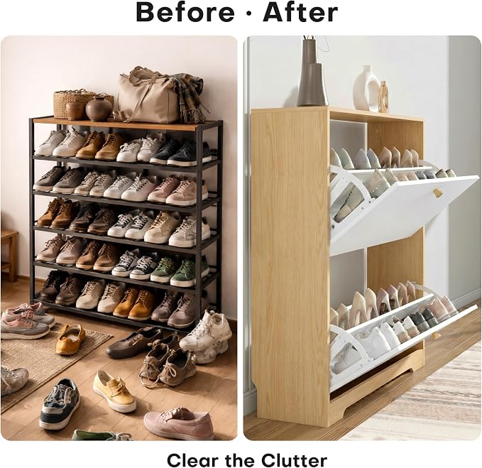 Nicetree Shoe Cabinet with 2 Flip Drawers, Narrow Shoe Organizer Cabinet, Freestanding Shoe Rack Cabinet, Modern Shoe Storage Cabinet for Entryway, Hallway, Foyer, Natural Oak and White