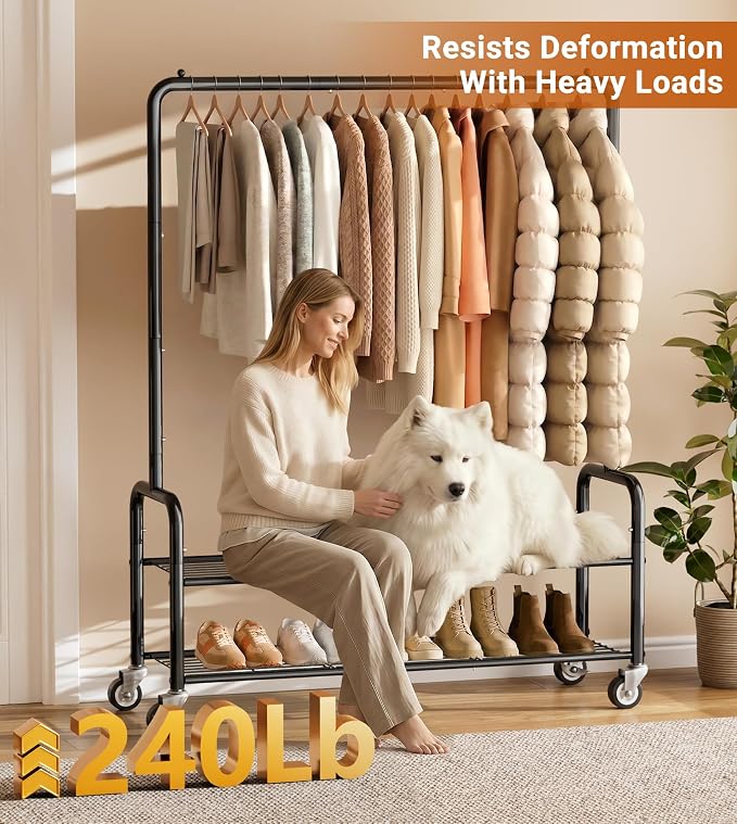AOODA Heavy Duty Clothes Rack with Shelves, 46.5'' Metal Rolling Clothing Racks for Hanging Clothes, Wardrobe Garment Rack with Lockable Wheels for Coats, Shirts, Shoe Boxes (Black)