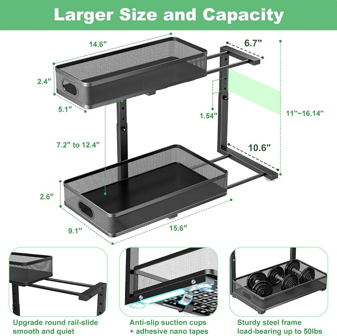 Under Sink Organizer 2 Pack, High Adjustable 2 Tier Under Sink Organizers and Storage, Slide out Metal Cabinet Organizers, Pull out Storage Drawer Shelf for Kitchen Bathroom Cabinet (Black)