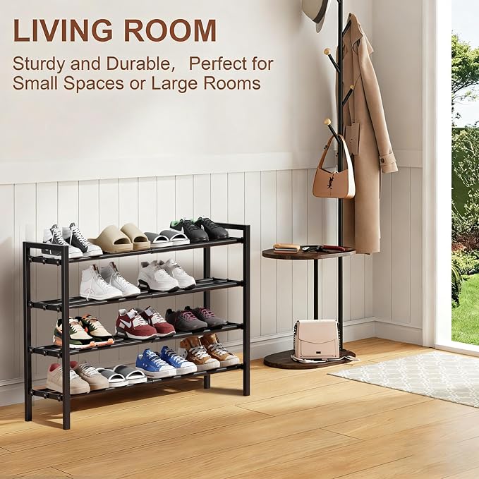 4-Tier Expandable Shoe Rack, Adjustable Shoe Shelf Storage Organizer Heavy Duty Metal Free Standing Shoe Rack for Entryway Closet Doorway (Black)