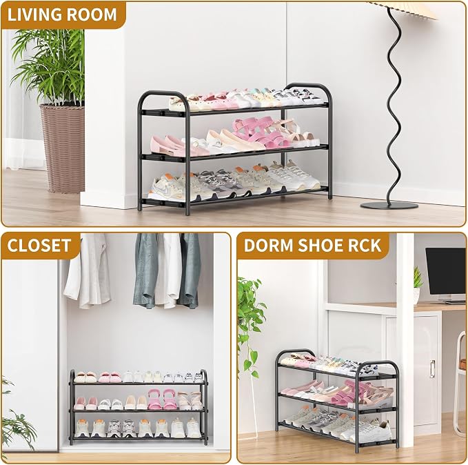 Hleelomi 3-Tier Metal Expandable Shoe Rack for Closet and Entryway Black | Adjustable Shoe Organizer for Closet,Living Room,Dorm,Garage,Fits Small Spaces, Apartments and Rentals