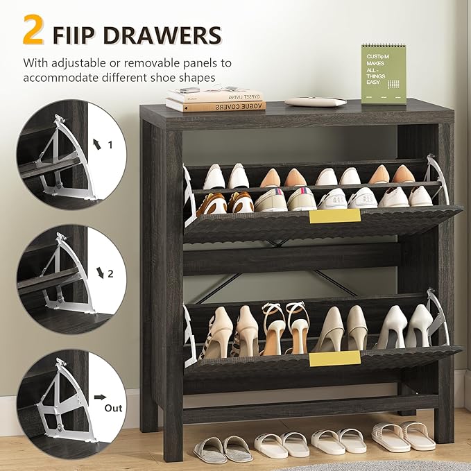 Fluted Shoe Cabinet Storage with 2 Flip Drawers for Entryway, Hallway | Narrow Shoe Rack Freestanding Shoe Organizer with Legs for Entryway，Hallway, Dark Gray