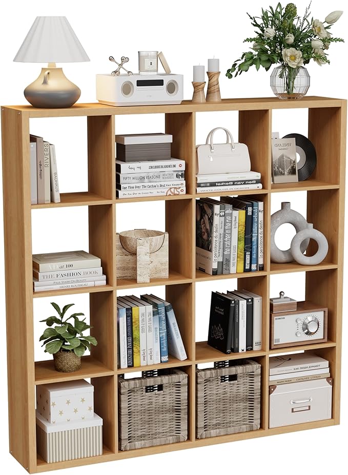 VDNEND Cube Storage Organizer Bookcase, Decorative 11 inch Open Back Cubical Shelf with Thickened Border, Display Bookshelf for Living Room, Home Office, Sturdy Room (Natural Oak, 16 Cube)