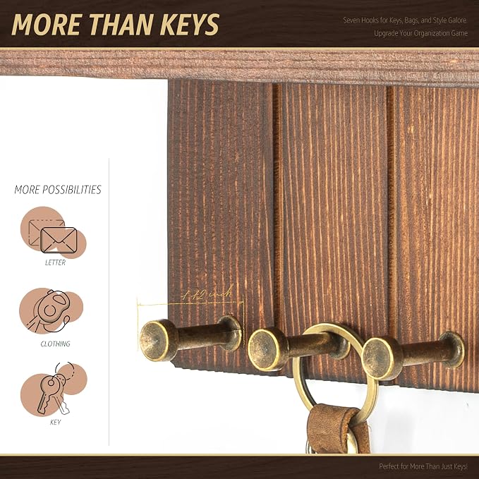 Rebee Vision Key Holder Wall Mount with 7 Hooks for Home Decor, Retro Brown | Key Holder for Wall, 7 Hooks, Charming Wall Shelf, Hat Hanging, Small Item Storage, Stylish Home Decor, Rustic Organizer