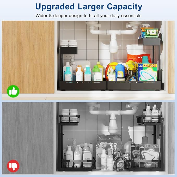 Insputer 2 Pack Under Sink Organizer, 2 Tier Under Cabinet Storage Expandable Width 9.8"-15" & Height Adjustable, Thickened Pull Out Shelf for Bathroom, Kitchen, Laundry, Pantry(Black)