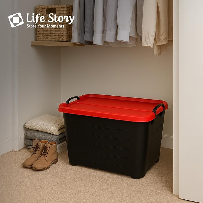 Life Story 6 Pack Heavy Duty Stackable Storage Bin, 55 Quart Home Organizer, Versatile Lightweight Locking Bins with Carrying Handles, Black/Red