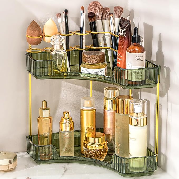 Makeup Organizer 2-Tier Bathroom Counter Organizer with Makeup Brush Holder | Corner Bathroom Organizer Countertop, Acrylic Counter Storage for Bathroom Dresser, Skincare Perfume Organizer- Green