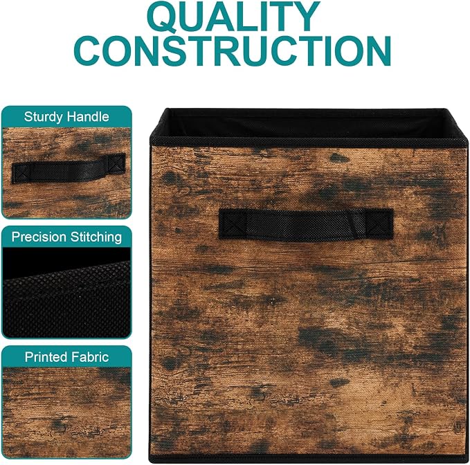 Stero Fabric Storage Cubes, 6 Pack Foldable Storage Bins with Handle, 11 Inch Box for Shelves, Closet, Organizer, Rustic Brown and Black