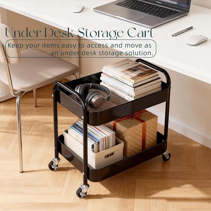 2 Tier Short Rolling Cart with Wheels for Under Desk Storage & Panrty Floor Organizer, Large Capacity Metal Kitchen Utility Cart, Sturdy Makeup Organizer for Small Space with 4 Hooks, Black
