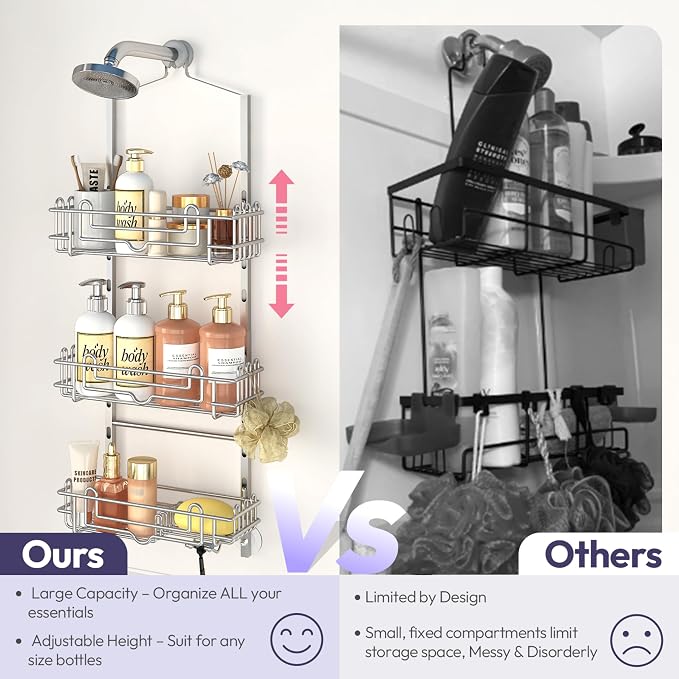 SWTYMIKI Shower Caddy Hanging Organizer - 3-Tier Rustproof Shower Organizer Over Showerhead with Adjustable Baskets, 24 Hooks, Soap & Razor Holder - No Drill Large Bathroom Storage Rack, Silver