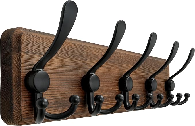 Coat Rack Wall Mounted - 5 Tri Hooks, Heavy Duty, Wooden Wall Coat Hanger Coat Hook for Clothes Hat Jacket Clothing, Natural & Black