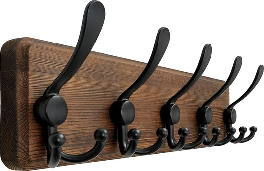 Coat Rack Wall Mounted - 5 Tri Hooks, Heavy Duty, Wooden Wall Coat Hanger Coat Hook for Clothes Hat Jacket Clothing, Natural & Black