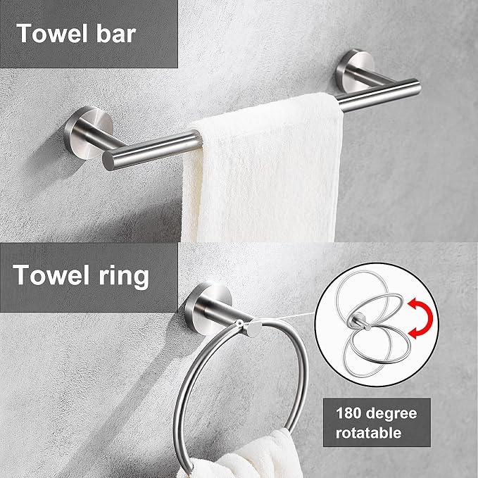 12 Pieces Brushed Nickel Bathroom Hardware Accessories Set Hand Towel Ring 16&23.6 inch Round Towel Bar Silver Toilet Paper Holder Towel Hooks 4 Pieces SUS 304 Stainless Steel,Heavy Duty,Wall Mounted