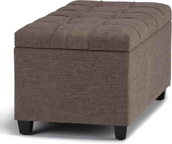 SIMPLIHOME Sienna 33" Wide Vegan Leather Storage Ottoman in Satin Cream | Tanners brown, transitional ottoman with tufting and lift-up lid; rectangle storage bench for living room or entryway.