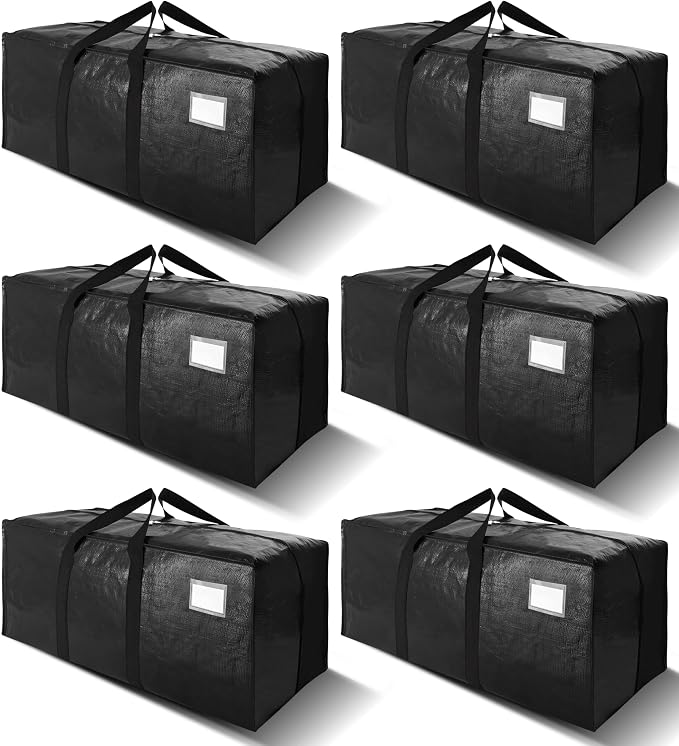 VELVETSURE Heavy Duty Extra Large Moving Bags W/Backpack Straps - Strong Handles & Zippers, Storage Totes For Space Saving, Fold Flat, Alternative to Moving Box and Storage Bin (Set of 6, Black)