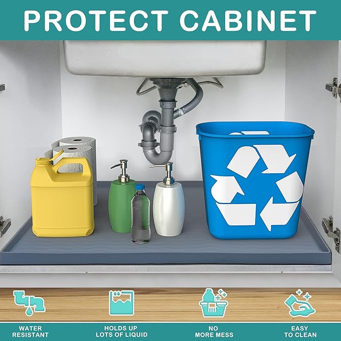 URMONA Waterproof Silicone Under Sink Mat 19'' x 19'' Shelf Liner for Kitchen and Bathroom, Cabinet and Counter Protector, Storage and Organizers, Litter Mat, Pet Cat Puppy Essentials(Khaki)