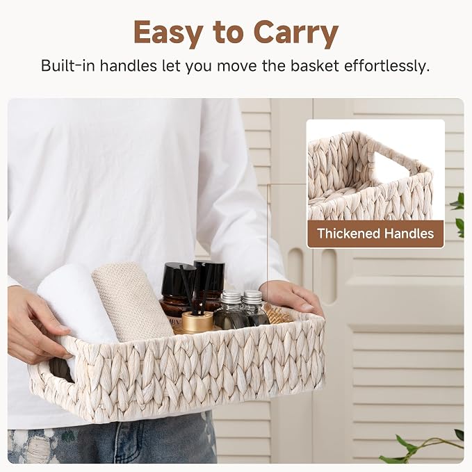 StorageWorks White Wicker Basket for Bathroom, Toilet Organizer Baskets | Small back of Toilet Tray for Decor with Built-in Handles, Water Hyacinth Toilets Paper Basket for Tank Topper