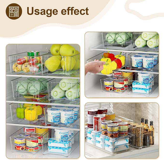 Clear Fridge Organizer, Refrigerator Organizer Bins with Handle, Freezer, Kitchen Cabinet, Pantry Organization, BPA Free Fridge Organizers (12.4 inch 2 Pack)