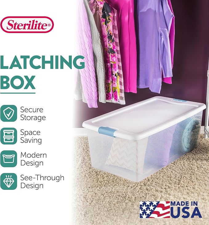 Sterilite Latching Box with Lids for Home and Office, 106 Quart, 8-Pack | Heavy-Duty and Stackable Plastic Containers with Latches for Closet, Cabinet, Bedroom, Bathroom and Dorm Room Organization