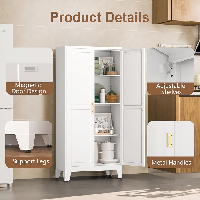 PAOFIN Metal Kitchen Pantry Storage Cabinet with 2 Doors and 3 Adjustable Shelves,Pantry Cabinet with Adjustable Leveling Foot for Kitchen, Living Room, Dining Room（White）