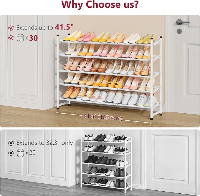 Expandable Shoe Rack for Closet 5 Tier, 28“-41“Stackable, White | Adjustable Shoe Organizer Closet Shoe Rack Floor, Metal Shoe Shelf Storage for Entryway, Closet, Garage, Front Door Entrance
