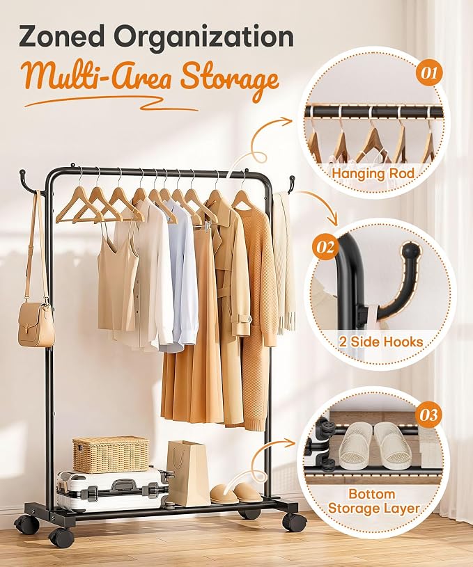 Homde Portable Clothes Rack for Bedroom: 4 Lockable Wheel Move Room-to-Room | Laundry to Closet in 1 Smooth Roll - No Heavy Lifting for Renters & Movers - 88 lbs Hanging Rod for Garment Coat to T-Shirt