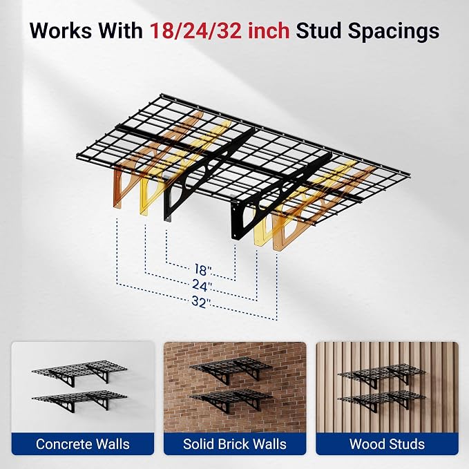 FLEXIMOUNTS 4-Pack 2x4ft Wall Shelf Garage Storage Rack Wall Mounted, Black | 24-inch-by-48-inch Garage Floating Shelves, Total 1200lbs Capacity, Rustproof Seamless Grid Design, Classic Series