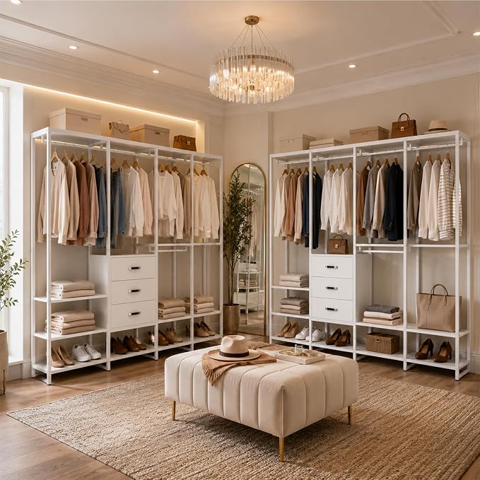 Freestanding Closet Organizer System with 3 Drawers, 6FT Heavy Duty Clothing Rack with Shelves and 6 Hanging Rods, Large Corner L Shaped Garment Rack, White