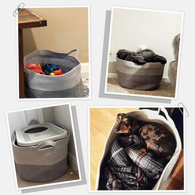 INDRESSME XXXLarge Woven Rope Blanket Basket Living Room Grey, 90L | 21.7" x 13.8" Storage baskets for toys laundry & pillows. Fits living room, bedroom or nursery décor. Soft-touch with handles