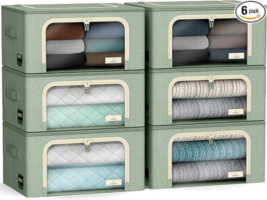 Sorbus Storage Bins with Metal Frame - Stackable & Foldable Clothes Organizer Bags - Oxford Fabric Storage Containers with Large Clear Window & Carry Handles, Bedroom Organization for Bedding & Linen