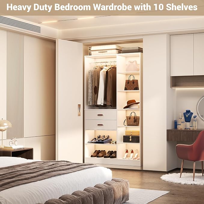 Freestanding Closet System, 40 Inches Stand-Alone Wardrobe with 10 Shelves, 80'' Height Adjustable Cloth Garment Rack with 2 Wood Drawers, Wood Walk-in Closet with Hanging Rod, White