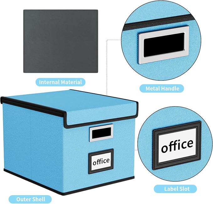File Organizer Box with Lids, Collapsible File Folder Organizer | File Box with Plastic Slides for Office Document Storage, Filing Bin for Letter Size Hanging File Folders (1 Pack, Sky-blue)