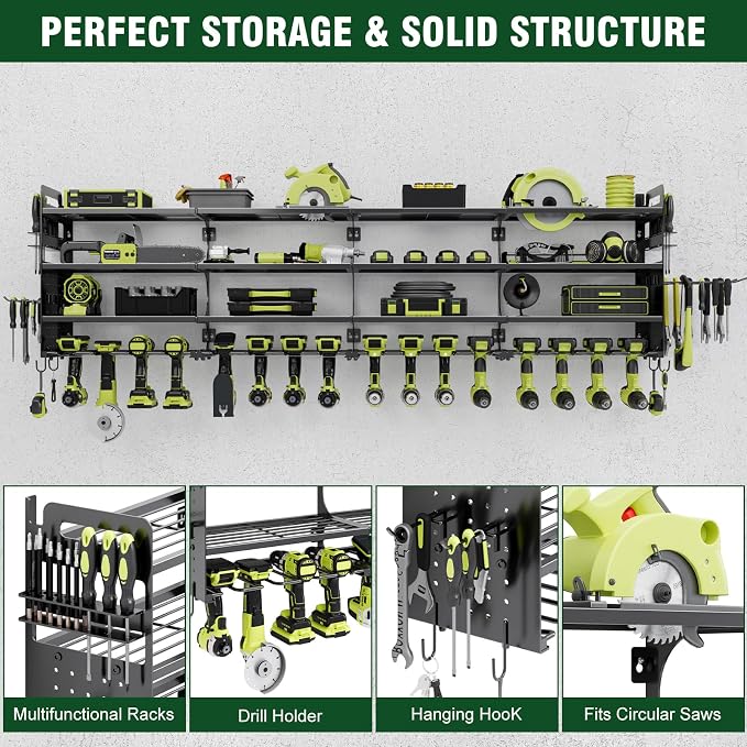 Large Power Tool Organizer Wall Mount, 16 Drill Holders Storage Rack, Black | 4-Tier Heavy-duty Wall Rack Holds 16 Cordless Drills, Saving Valuable Garage and Workshop Space